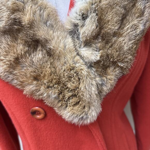 VTG 60s Orange Wool Coat Real Rabbit Fur Collar Double Breasted Union Made USA - Picture 5 of 9